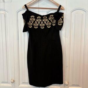 Outlander Evening Black Ponte Knit Gold Embroidery Off Shoulder Dress Size Small